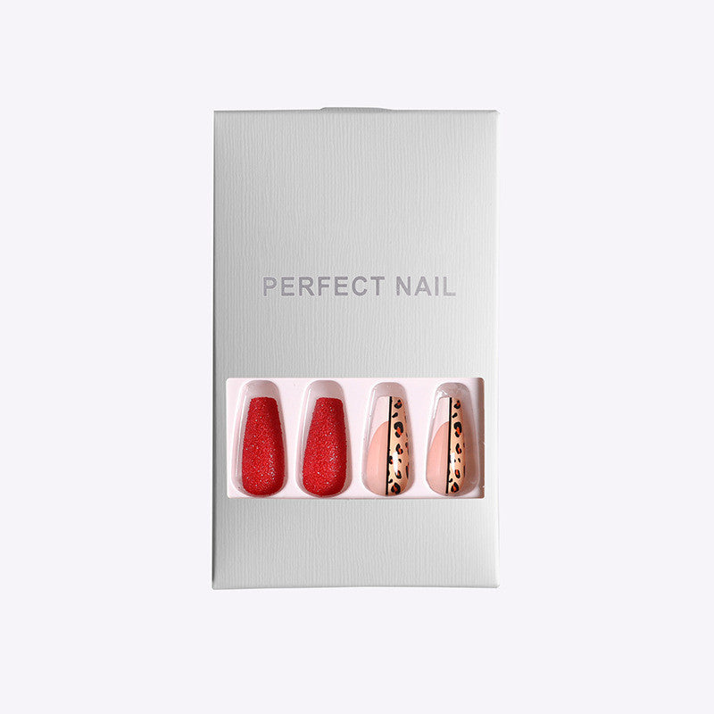 Red Color Leopard Print Ballet False Nails