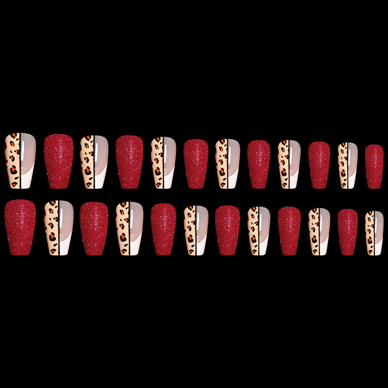 Red Color Leopard Print Ballet False Nails